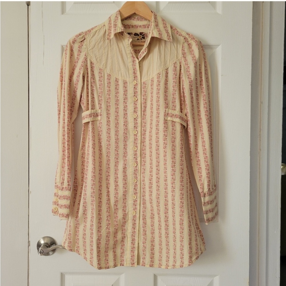 Free People Cream and Pink Buttoned Shirt Dress